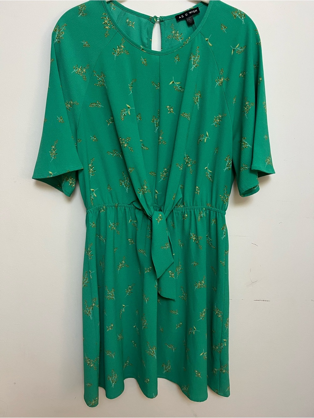 As U Wish Green Floral Flutter Sleeve Midi Dress Size L Tie Front Crepe